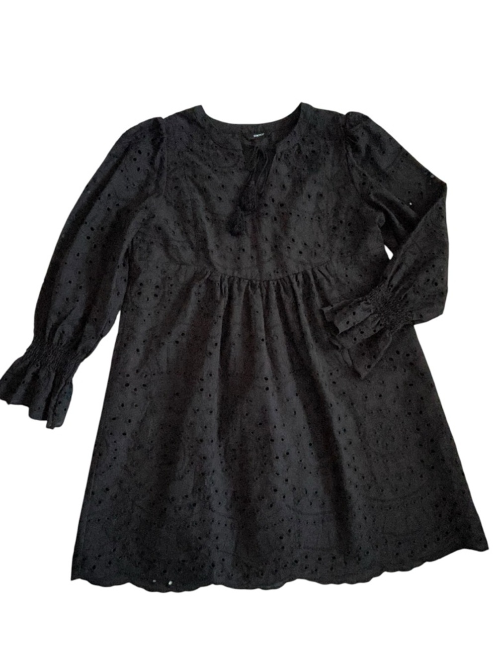 DOKOTOO Woman’s Black Eyelet Tassel Tie Babydoll Dress puff long sleeved lined L - Picture 6 of 13